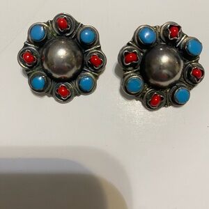 Vintage 925 Silver and Blue Enamel and Coral Earrings